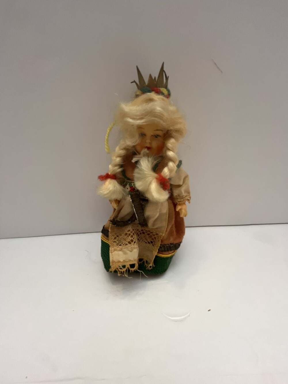 Vintage German Traditional Folk Costume Doll with Cardboard Crown and Blonde Bra